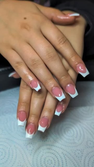 Pink square nails with deep white French tips by Rue Nails